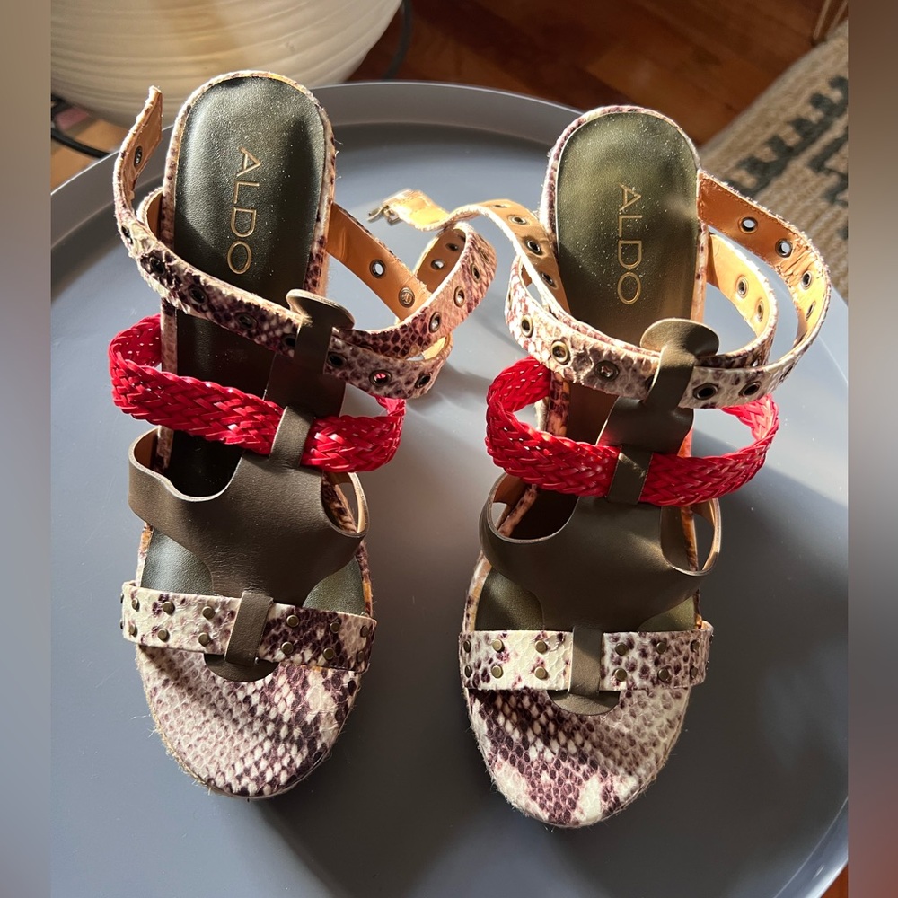 Aldo Red and Snakeskin Pattern Sandals